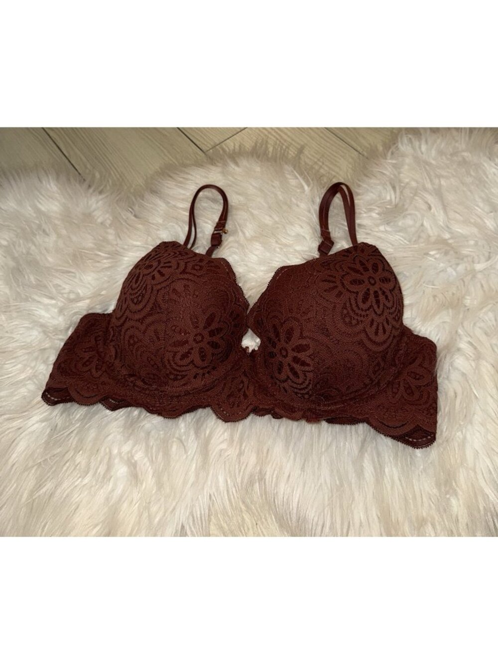 Aerie Real Power Plunge Bra Floral Print Lace Padded Underwire Womens 38B Brown